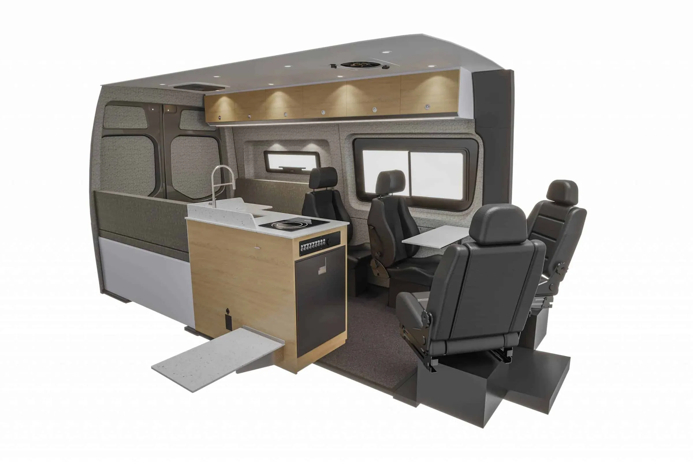 Cutaway view of the Kinabalu interior, showing the galley and four belted seats