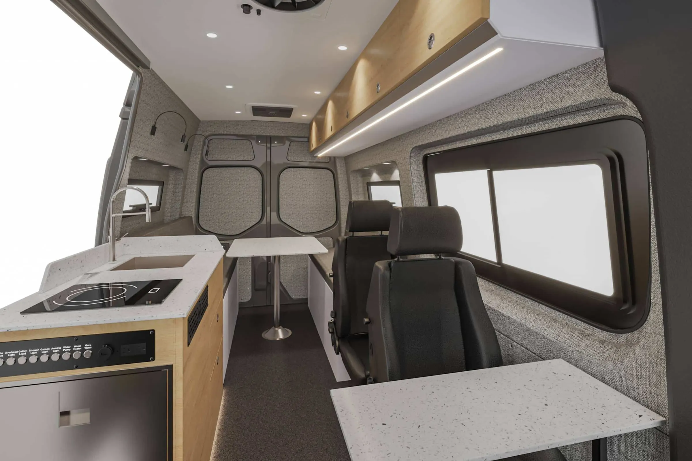 Kinabalu interior in the Estes color package, looking aft along the cabin from the cab, galley to the left