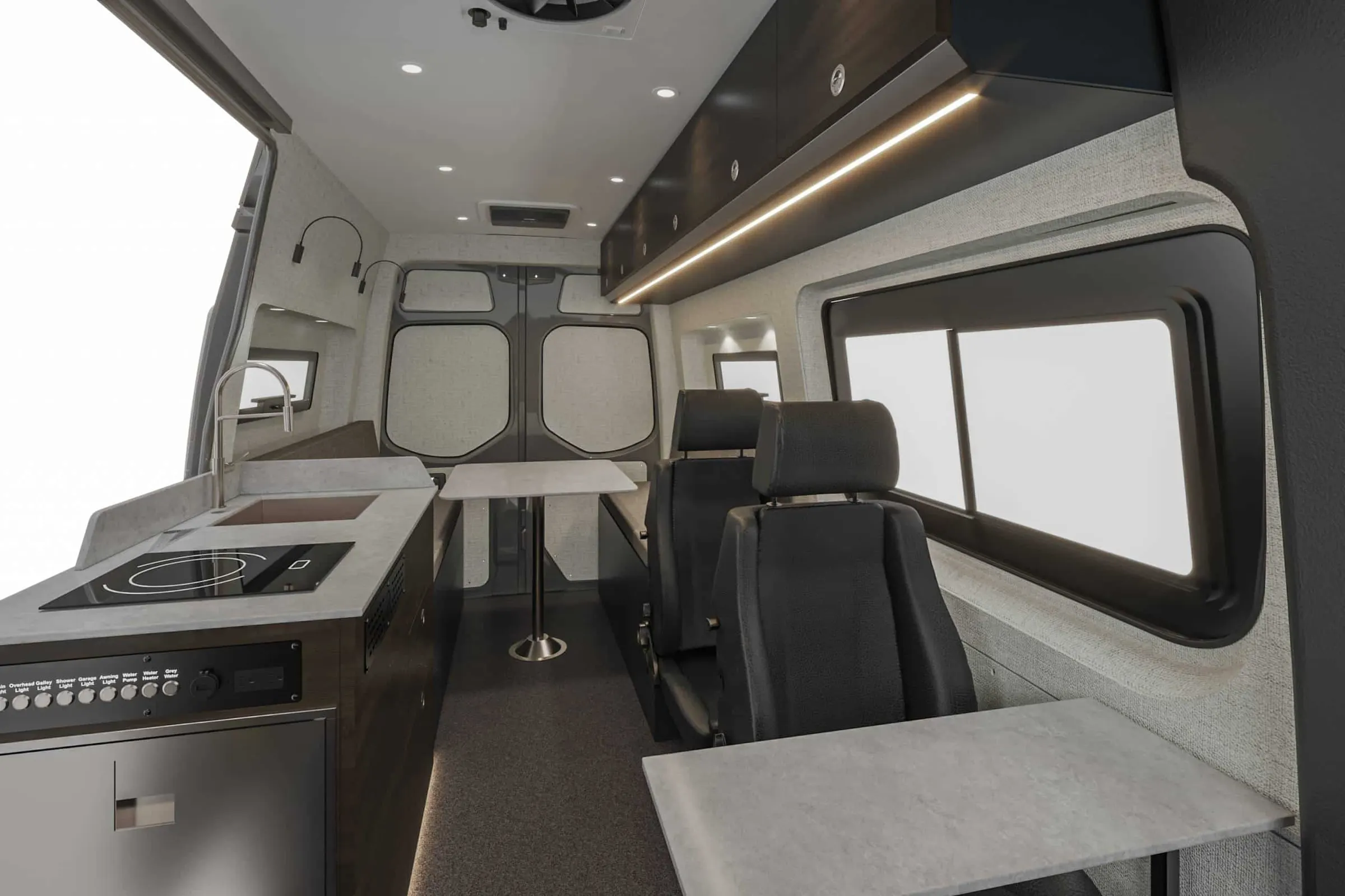Kinabalu interior in the Cordova color package, looking aft along the cabin from the cab, galley to the left