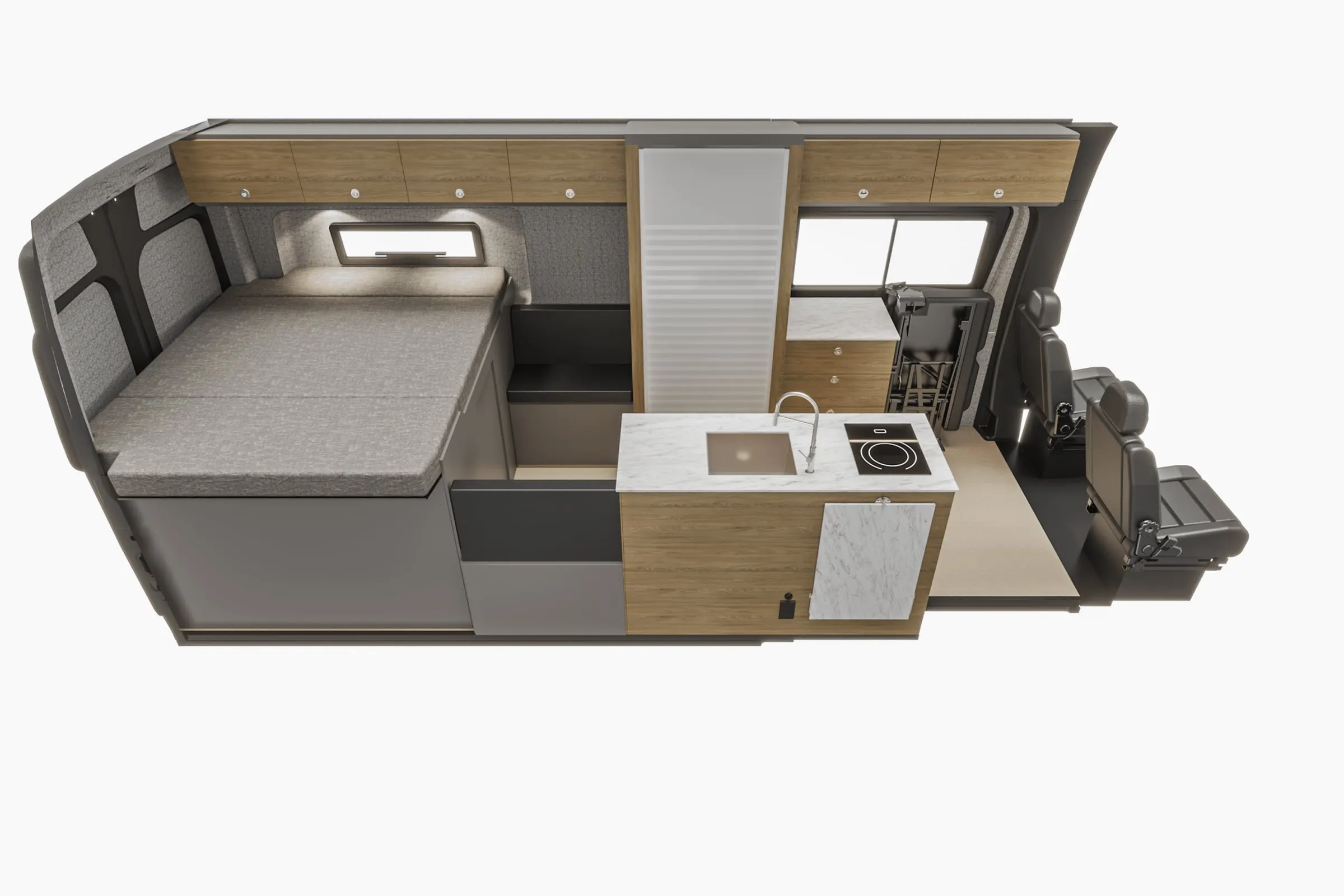 Cutaway view of the Parbat interior from the rear, showing the bed and galley
