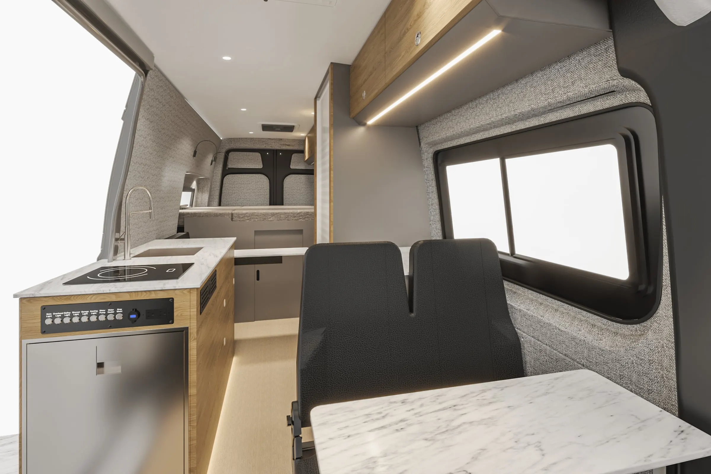 Parbat interior in the Bryson color package, looking aft along the cabin from the cab, galley to the left