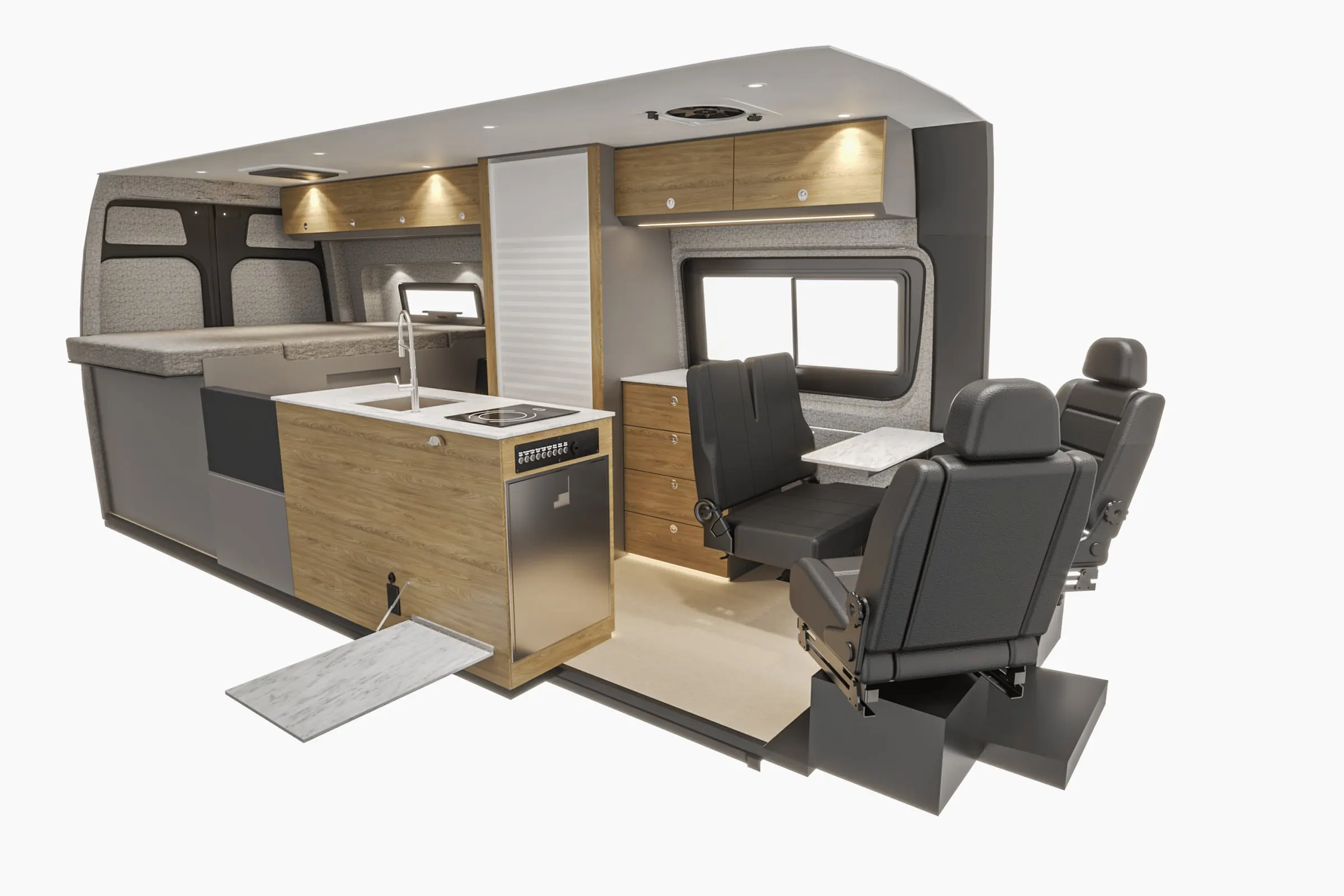 Cutaway view of the Parbat interior, showing the galley and the dinette