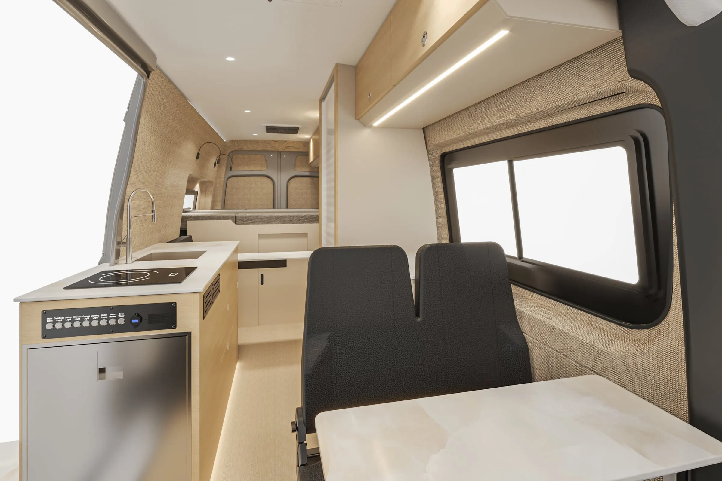 Parbat interior in the Stowe color package, looking aft along the cabin from the cab, galley to the left