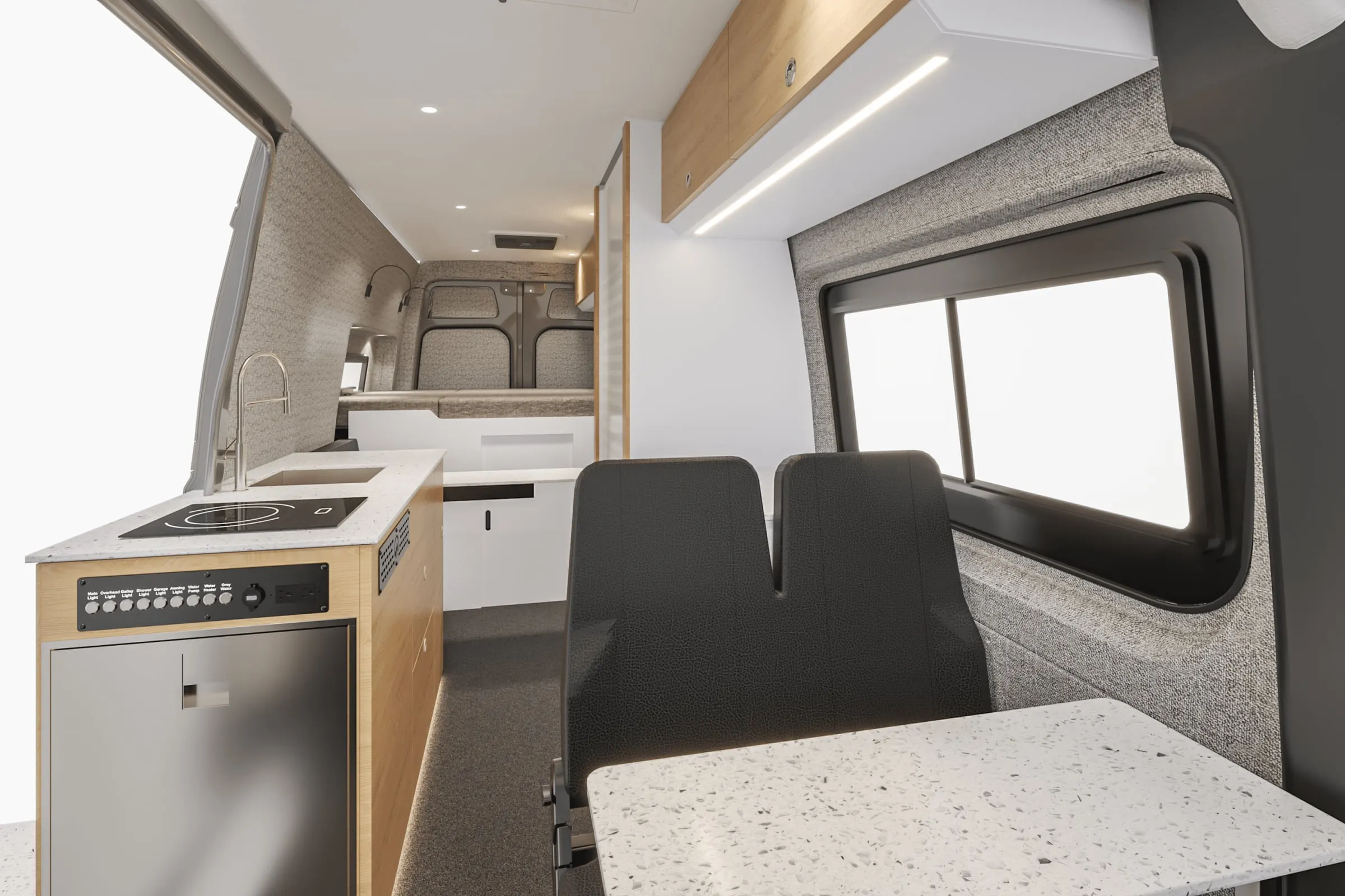 Parbat interior in the Estes color package, looking aft along the cabin from the cab, galley to the left