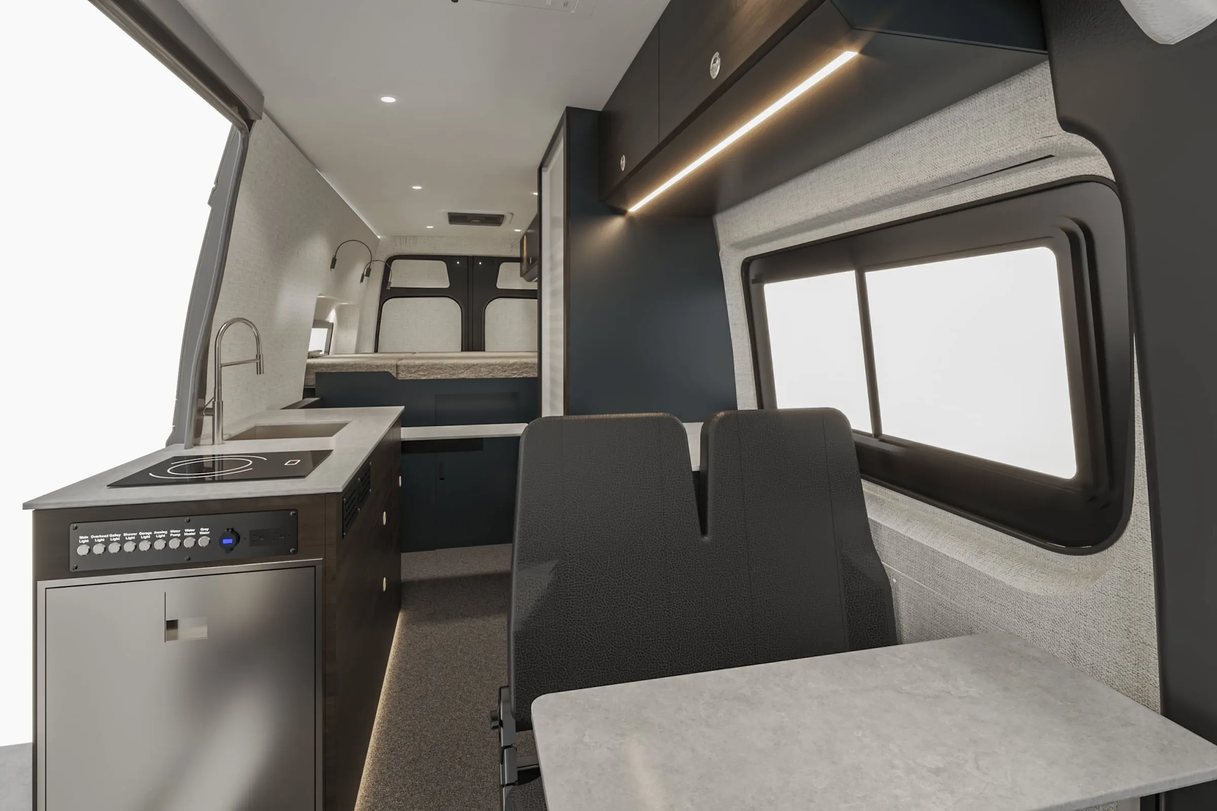 Parbat interior in the Cordova color package, looking aft along the cabin from the cab, galley to the left