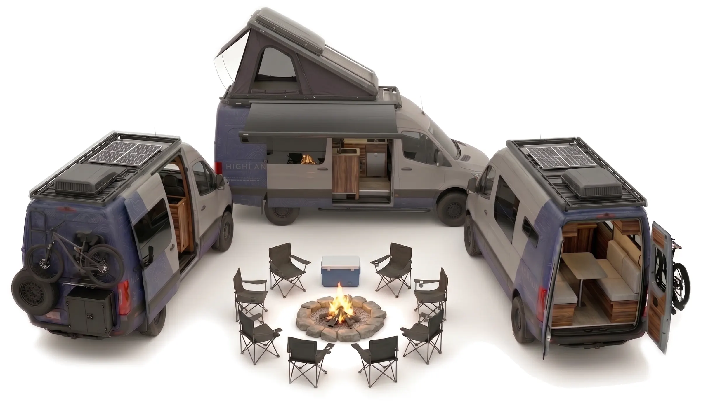 Three Highland Vans camper vans setting up camp: doors and rear hatches open, the vans draw into a circle around a fire pit and camp chairs, and the centre van extends its awning and raises its pop-top roof.